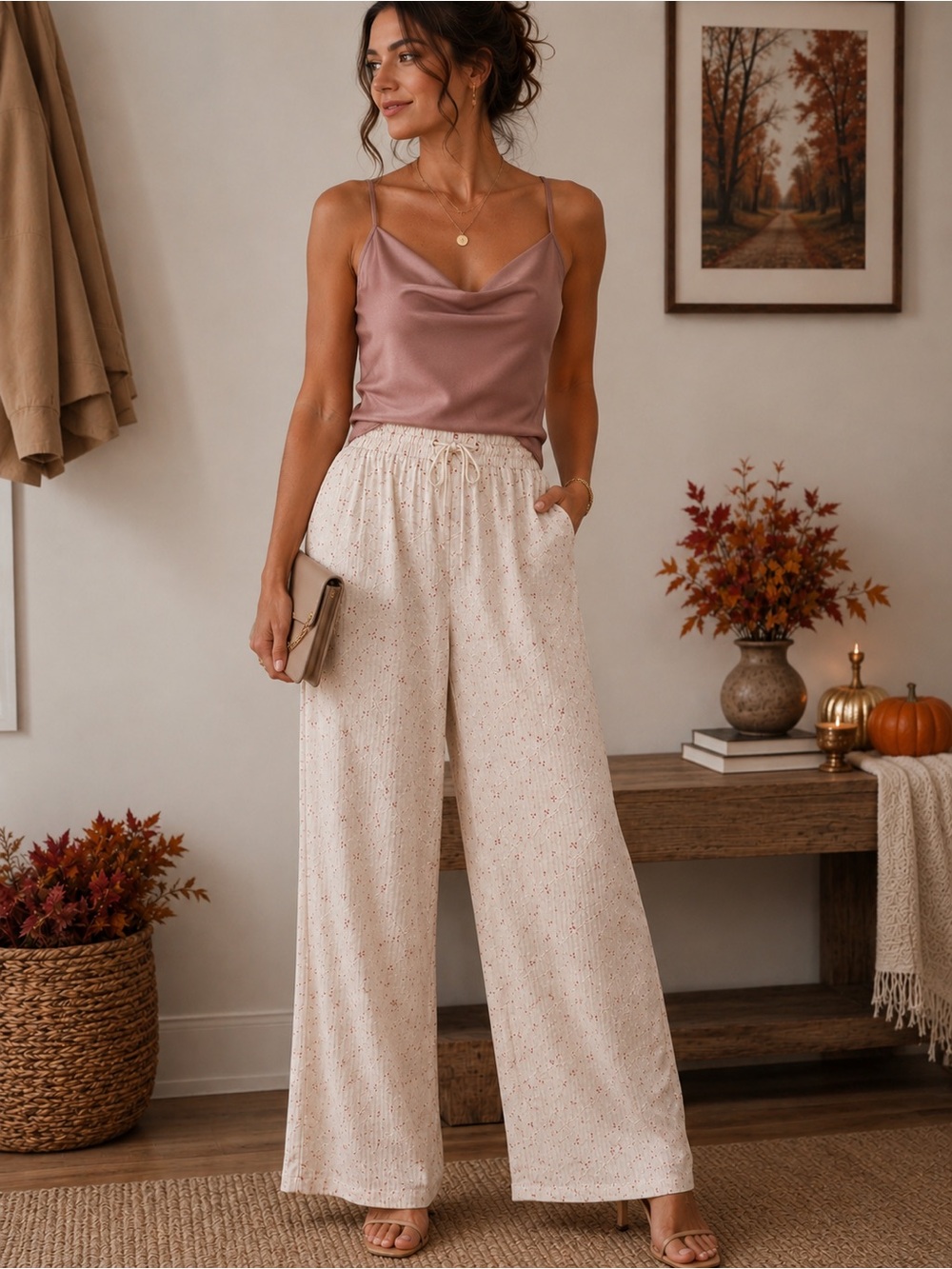 Women's Wide-Leg Drawstring Pants in Cream floral print NWT Small
